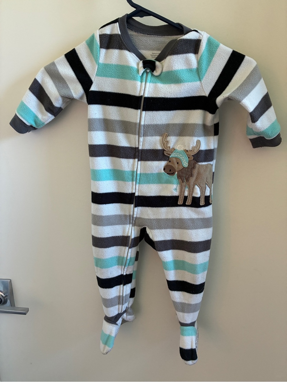 Old Navy Striped Footed One-Piece in Aqua, Gray & Black with Moose Patch